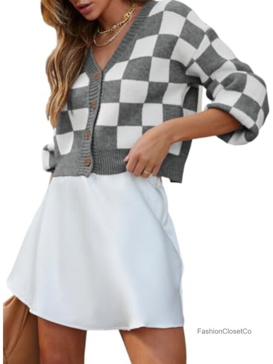 Sweaters - Women's Cable Knit Plaid Cardigan - V Neck Button Down Cropped Sweater